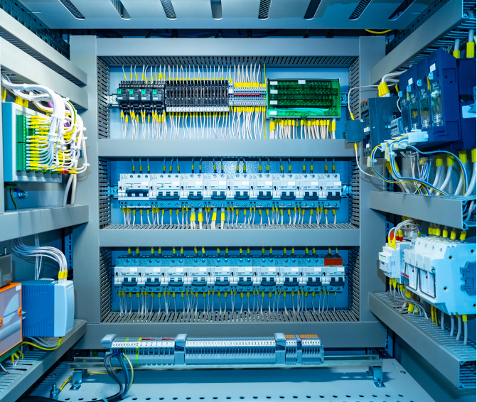 Übersichtliches elektrisches Panel in einer industriellen Umgebung zur Energieverwaltung.